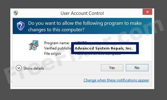 Screenshot where Advanced System Repair, Inc. appears as the verified publisher in the UAC dialog